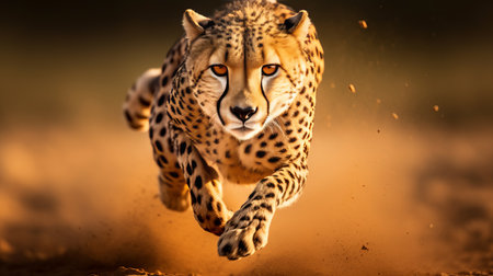 A cheetah dashes across the golden savanna, muscles taut and focused, as it chases prey during the early evening light. Dust kicks up around its powerful strides, showcasing agility.の素材