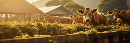 A group of brown cows peacefully grazes in a vibrant pasture bathed in the warm light of golden hour, with farm buildings and greenery in the background.の素材