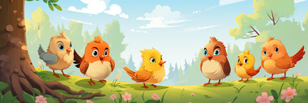 A cheerful group of six cartoon birds with vibrant feathers stands near a tree in a sunny forest. The scene is filled with flowers and a bright blue sky, creating a joyful atmosphere.の素材