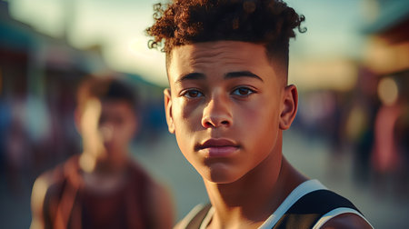 A young boy with curly hair and an engaging gaze stands in a bustling market. The warm golden light of late afternoon highlights his features against a colorful backdrop of stalls and activity.の素材