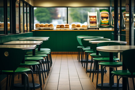 The interior of a fast food restaurant features green tables and chairs arranged neatly. Burgers are displayed prominently in the background, signaling a focus on quick meals.の素材