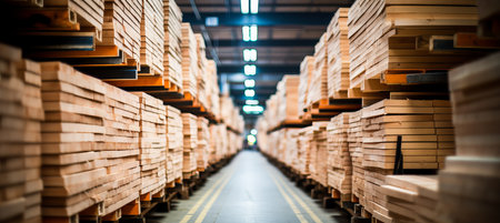 Rows of neatly stacked lumber fill a spacious warehouse aisle, illuminated by overhead lights, creating a warm atmosphere suited for woodworking activities.の素材