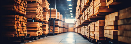 A spacious warehouse filled with rows of stacked wooden planks. The planks are organized neatly, allowing for easy access. Bright lights illuminate the area, enhancing visibility.の素材