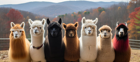 A group of eight alpacas stands in a row against a backdrop of vivid autumn foliage and rolling mountains. Their diverse fur colors contrast beautifully with the serene landscape.の素材