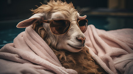 A sheep wearing stylish sunglasses enjoys a leisurely afternoon lounging in a fluffy blanket beside a sparkling pool. The warm sun and serene atmosphere create a cozy vibe.の素材