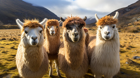 A group of four llamas gathers in a vibrant grassy area, framed by rolling hills and a blue sky dotted with clouds. The sunlight highlights their unique features and woolly coats.の素材