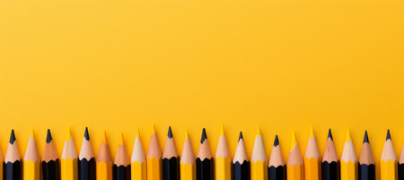 A collection of sharpened pencils, arranged neatly in a row against a bright yellow backdrop, ready for art or writing activities. The vibrant colors invite creativity and inspiration.の素材