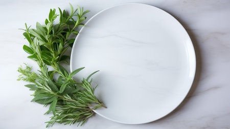 A selection of vibrant green herbs is artistically placed next to a plain white plate on a marble surface, capturing the essence of fresh cooking and natural ingredients.の素材