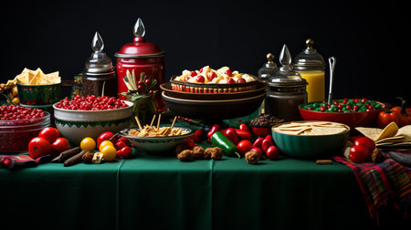 A vibrant display of various appetizers and desserts adorned a green tablecloth, showcasing bowls filled with fruits, candies, and snacks. The rich colors create an inviting atmosphere.の素材