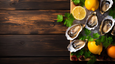 A wooden board displays freshly shucked oysters adorned with lemon slices and vibrant herbs, creating an appealing arrangement.の素材