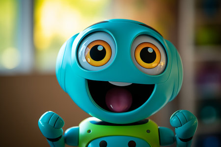 A cheerful toy robot with large, expressive eyes is smiling and raising its arms in delight. The colorful background enhances the playful atmosphere, perfect for children.の素材