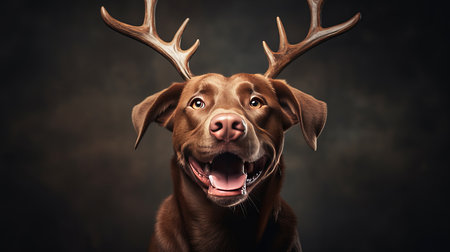 A cheerful brown dog with antlers sits proudly, displaying an expression of joy. The contrast of its fur against the dark background creates a whimsical and festive atmosphere.の素材