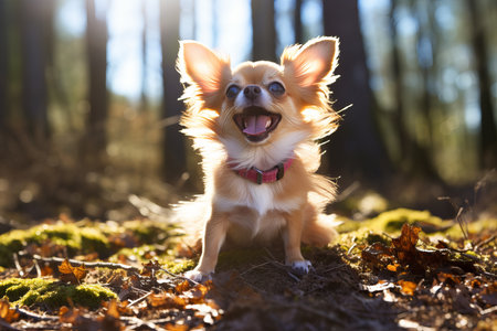A cheerful Chihuahua stands proudly among the lush greenery of a forest, bathed in soft sunlight. Its vibrant fur glows, capturing the joy of the outdoors on a bright day.の素材