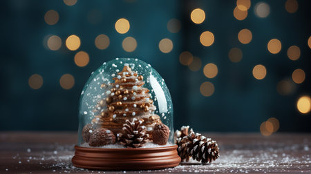 Intricate snow globe showcases a beautifully crafted Christmas tree surrounded by snowflakes. Pinecones rest nearby, adding to the cozy holiday atmosphere.の素材