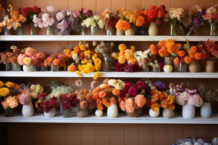 Vibrant flower arrangement in a cozy shop showcasing a colorful display. Generative AIの素材
