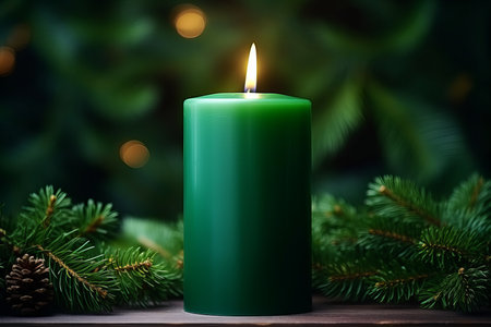 A vibrant green candle stands tall, its flame flickering gently. Surrounded by lush pine branches, the atmosphere exudes warmth and tranquility, ideal for a cozy winter evening.の素材