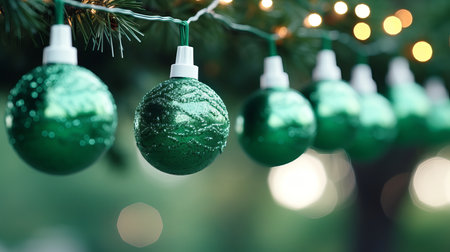 Shimmering green ornaments dangle from a tree branch, enhancing the enchanting atmosphere of a winter celebration. Twinkling lights create a warm glow in the background.の素材