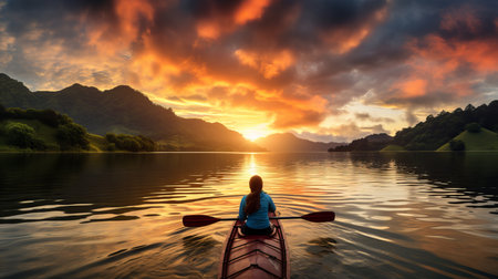A serene evening unfolds as a lone kayaker glides across still water, surrounded by majestic mountains. The vibrant sunset paints the sky in hues of orange and purple, creating a dreamlike atmosphere.の素材