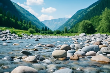 A serene river flows gently through a lush valley surrounded by towering mountains. Smooth stones line the riverbank, while vibrant greenery thrives under a clear blue sky.の素材