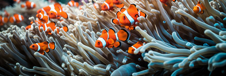In a mesmerizing underwater world, lively clownfish weave through the delicate tentacles of bright sea anemones, showcasing their vivid colors and playful movements in a coral reef paradise.の素材