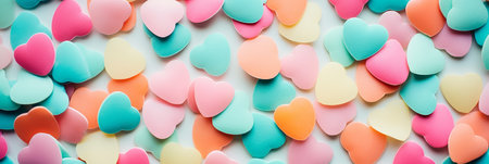 A vibrant array of pastel-colored heart shapes fills the space, creating a cheerful atmosphere perfect for celebrations, crafts, or special events. The hues blend beautifully, inviting joy.の素材