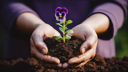 Delicate hands cradle moist earth, nurturing a vibrant purple flower that reaches for sunlight. This act of care showcases a deep connection with nature and the cycle of growth.の素材