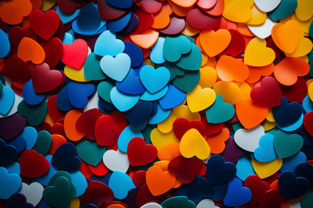 A multitude of heart-shaped cutouts in various colors fills the space, creating a joyful and vibrant atmosphere. The playful arrangement captures a sense of celebration and affection.の素材