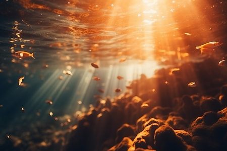 Sunlight filters through the water's surface, creating a magical glow as small fish dart among the rocks in a vibrant underwater paradise. The serene atmosphere invites exploration and wonder.の素材