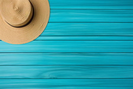 A beautiful straw hat lies casually on a bright turquoise wooden surface, radiating summer warmth and inviting thoughts of sunny days by the beach or poolside relaxation.の素材