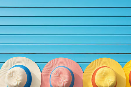 Brightly colored sun hats rest against a cheerful blue wall, capturing the essence of a warm summer day. Their playful hues evoke feelings of relaxation and outdoor adventures.の素材