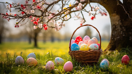 A wicker basket filled with beautifully decorated Easter eggs rests on lush green grass beneath a blooming tree. Spring flowers surround the joyful scene under the bright blue sky.の素材