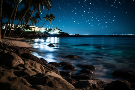 Under a star-studded sky, gentle waves kiss the shore while palm trees sway softly. The soothing sounds of the ocean create a peaceful ambiance, inviting relaxation and wonder.の素材