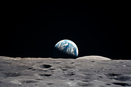 A breathtaking view showcases Earth emerging from behind the moon's grey, cratered surface. This stunning moment highlights the contrast between the vibrant blue planet and the desolate lunar terrain.の素材
