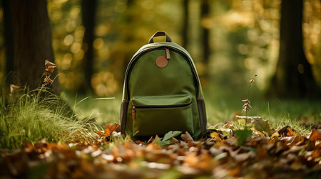 Surrounded by a vibrant tapestry of fall foliage, a green backpack rests quietly on a bed of orange and brown leaves in a sun-dappled forest during the early afternoon.の素材