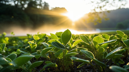 Morning light gently illuminates vibrant green plants, glistening with dew as sunlight breaks through the trees. A peaceful atmosphere invites contemplation in nature's beauty.の素材