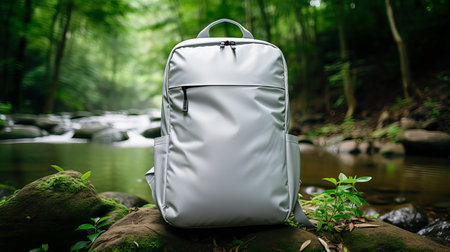 A sleek, modern backpack sits on a moss-covered rock beside a tranquil stream. Sunlight filters through the trees, illuminating the peaceful landscape, perfect for outdoor adventures.の素材