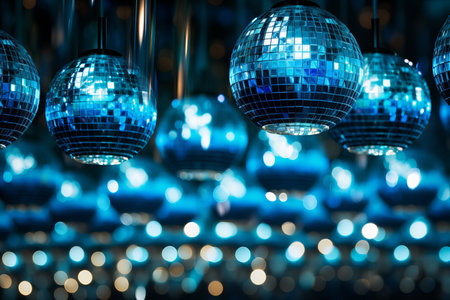 Vibrant blue lights illuminate a collection of shimmering disco balls hanging from above. The spherical mirrors reflect light, creating a magical atmosphere filled with energy and excitement.の素材