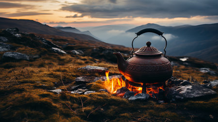 A rustic kettle simmers over a gentle fire amid rugged stones as twilight descends over majestic mountains, painting the sky with vivid hues of orange and purple in the serene evening.の素材