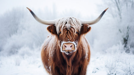 A striking Highland cow with long, flowing fur adorned in frost stands confidently against a serene winter landscape, surrounded by soft, white snow and barren trees on a chilly day.の素材