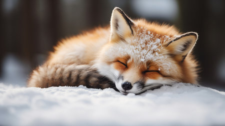 A beautiful red fox lies curled up in a blanket of soft snow, eyes closed in deep slumber. The scene captures the serene essence of winter as snowflakes gently dust its fur.の素材