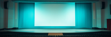 Soft turquoise light bathes an empty theater stage, setting a serene mood as it awaits an audience. The large screen stands ready for a night filled with art and storytelling.の素材