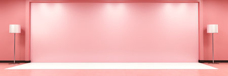 A stylish studio featuring soft pink walls creates an inviting atmosphere. Elegant floor lamps stand on either side, illuminating the tranquil space perfect for artistic expression.の素材