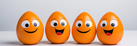 Four vibrant orange eggs with playful facial expressions line up joyfully. They exhibit various smiles, showcasing a whimsical and lighthearted atmosphere perfect for celebrating happiness.の素材