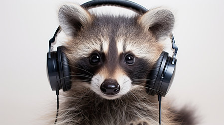 A playful raccoon listens to music with large headphones on its ears, exuding a sense of joy and curiosity. The background is soft and neutral, enhancing the raccoon's adorable expression.の素材