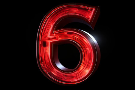 A vivid red number six glows brightly, showcasing a sleek and modern design. This striking visual captures attention against a deep black background, enhancing its bold presence.の素材