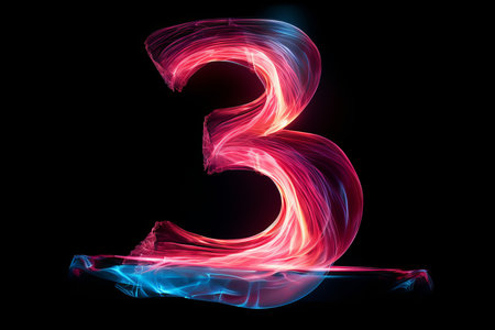 Colorful light trails swirl and intertwine to form a luminous number three, radiating energy and creativity against a sleek black background, captivating viewers with its vibrant glow.の素材