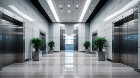 A contemporary elevator lobby showcases shiny metallic doors and lush potted plants. The space is illuminated by soft lights, creating an inviting atmosphere in a bustling urban setting.の素材