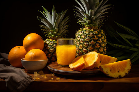A stunning arrangement of ripe oranges, slices of pineapple, and a refreshing glass of juice sits on a wooden table, illuminated by soft lighting that enhances the vivid colors.の素材