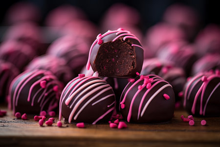 Rich chocolate truffles are arranged beautifully on a wooden surface, with one cut open to reveal its decadent inside. The pink drizzle and sprinkles add a festive touch, perfect for any occasion.の素材