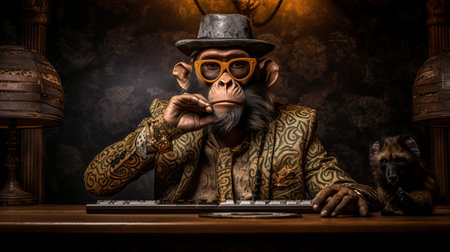 A dapper monkey wearing glasses and a patterned suit sits casually at a keyboard, deep in thought, with a curious companion beside him, surrounded by warm, ambient lighting.の素材